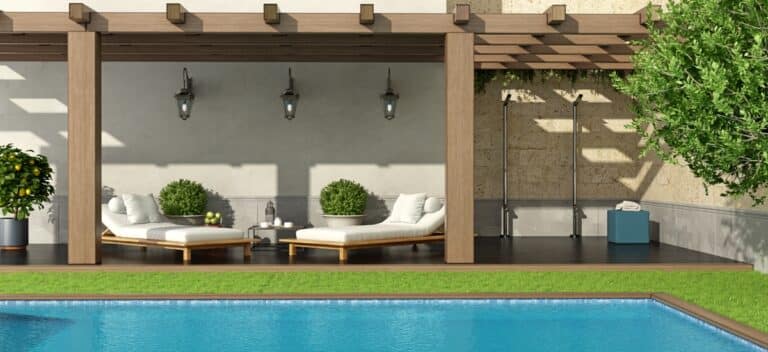 luxury garden with pergola and swimming pool 3d rendering